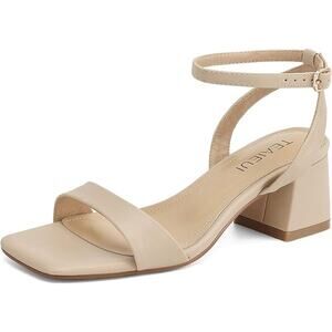 Teaieui Womens Size 7 Tan 2.5" Block Heel Open Toe Ankle Strap Sandal Shoes